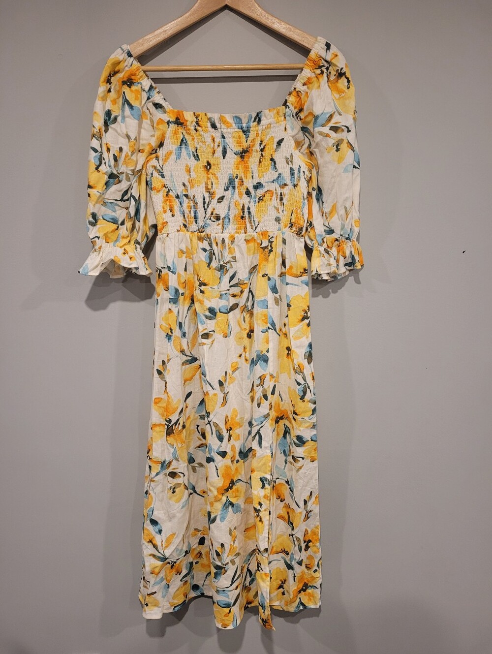 Gap Linen-Blend Puff Sleeve Smocked Midi Dress Yellow Floral Size Small